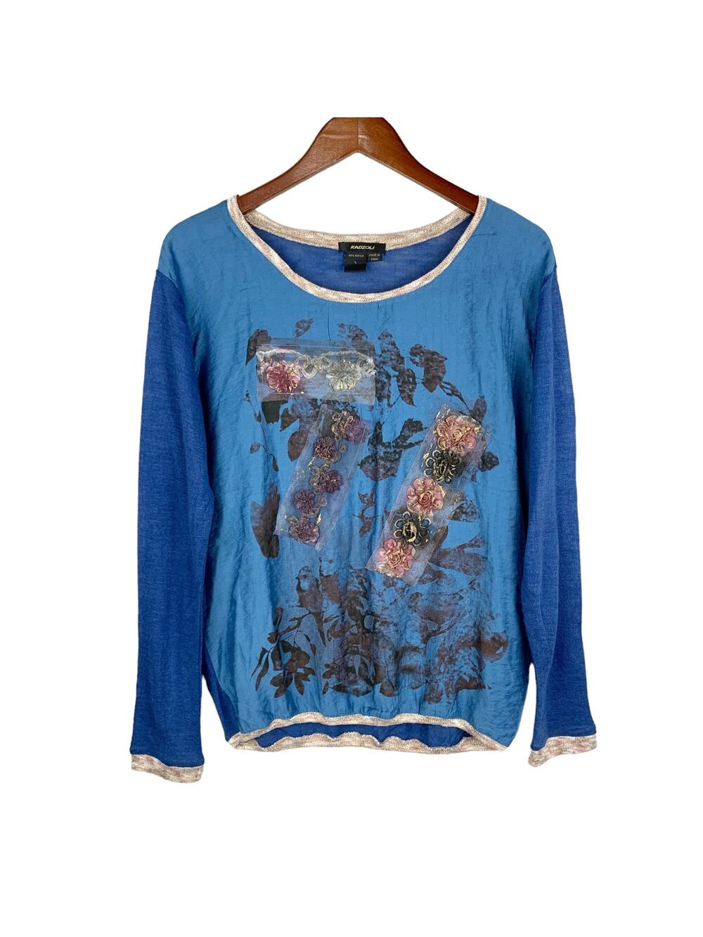Radzoli Sweater Style Top Long Sleeve Art To Wear Flowers Blue Women’s L